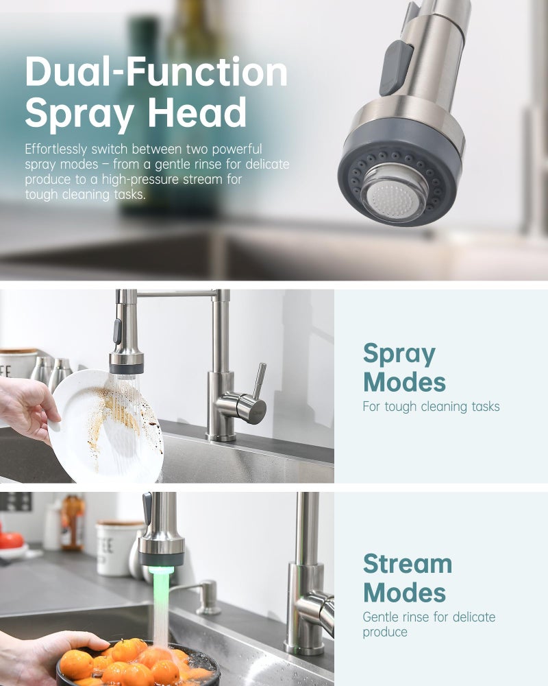 GIMILI LED Kitchen Faucet with Soap Dispenser, Modern Single Handle Spring Kitchen Sink Faucets with Pull Down Sprayer - Image 4